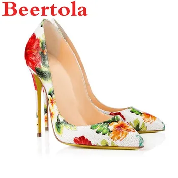 

New Pointed Toe Women's Pumps Slip On Flowers Print Snake Scale Pattern Large Size Lady Shoes Spring Autumn OL Style High Heels
