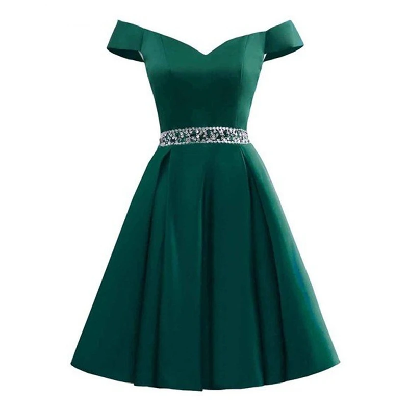 

A Line Short Satin Beading Crystals Boat Neck Knee Length Bridesmaid Dresses Wedding Party Prom Homecoming Birthday Cocktail