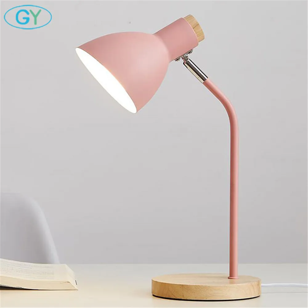 light pink 110V 220V E27 дерево настольная лампа желтый Розово-серый металлический оттенок Настольный светильник прикроватный Спальня Регулируемо очки для чтения книги светильник домашний декор - Цвет абажура: light pink