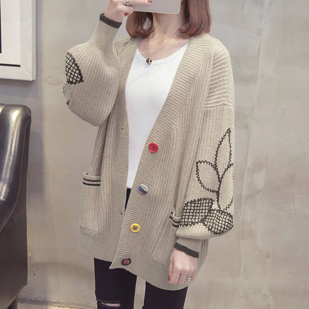 

Women Autumn Winter Cardigan Sweater Female 2020 New Print Outwear Fashionable Casual Long Lantern Sleeve Knit Loose Slim Coat