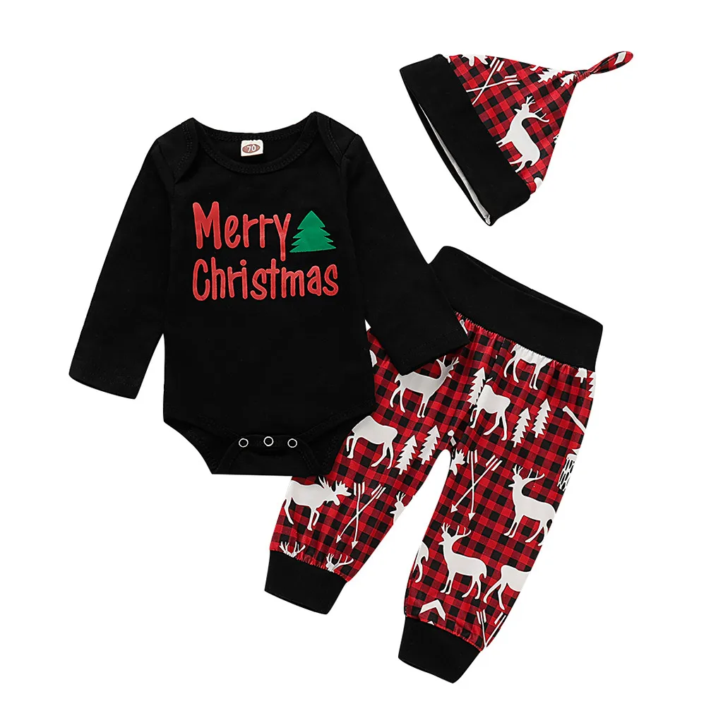 Детский Рождественский комбинезон с буквенным принтом для мальчиков и девочек+ клетчатые штаны с оленем комплекты одежды унисекс с длинными рукавами и круглым вырезом