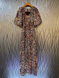 Novo 2022 primavera vestido longo de alta qualidade feminina com decote em v sexy selvagem leopardo imprime lanterna manga cinto deco casual longo maxi vestido