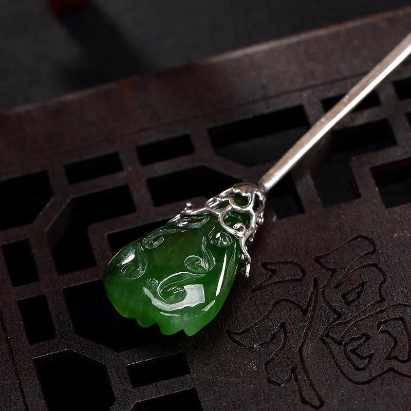

925 Sterling Silver Hair Stick Chinese Jade Hanfu Hair Accessory Jewelry Women Pin Hairpin Vintage Green Stone Peony Flower