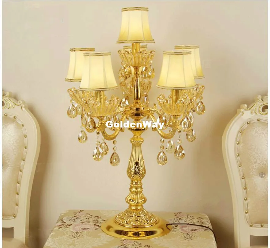 

Golden Alloy D47cm H75cm 6Lights Golden luxury LED AC crystal table lamp European style bedroom bedside lighting fixture AC Lamp