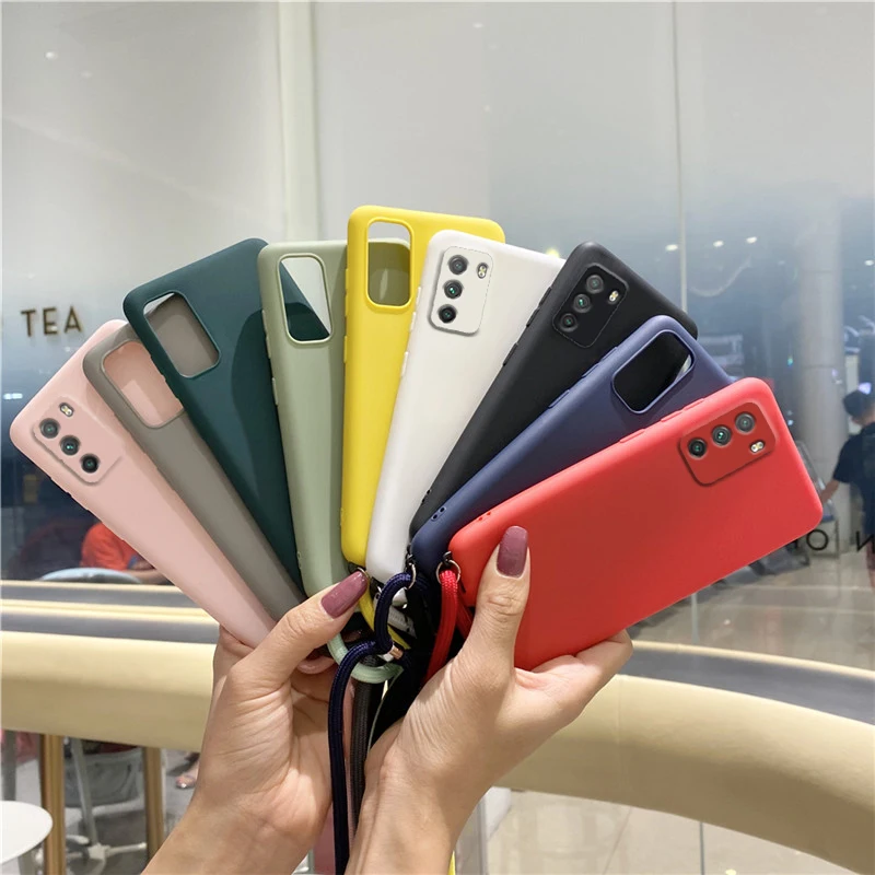 New Full Cover Candy Color Strap Lanyard Case For Xiaomi Poco M3 Silicone Global Original Soft Camera Protective Tpu Back Cover