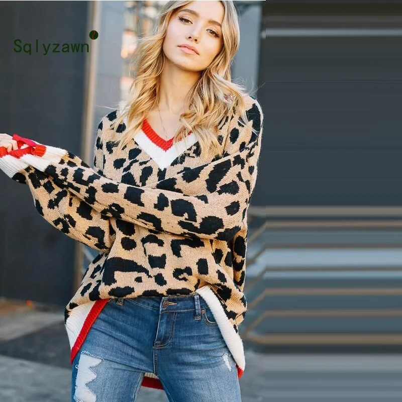 

Sweater Women 2019 Autum Sexy Leopard Print Long Sleeve Knitwear Pullover V Neck Hollow Out Loose Harajuku Winter Clothes Women