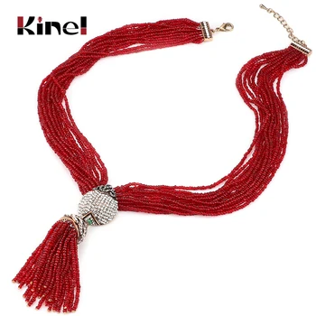 

Kinel Women's Bohemia Tassel Pendants Chokers Necklace Red Crystal Beads Multi Layer Necklace With Semi-Precious Stones Jewelry