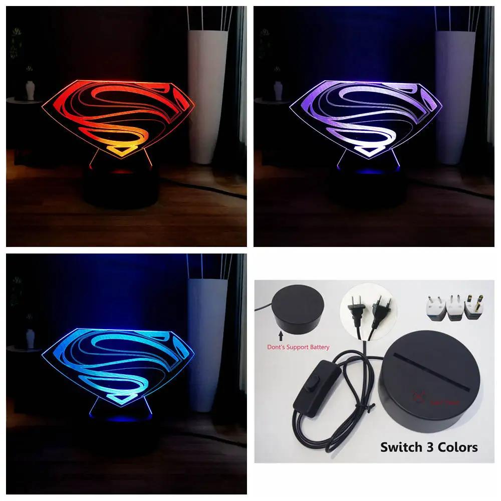 Светодиодный Ночной светильник с логотипом Супермена, символ Marvel, RGB, многоцветная USB, мини-Сенсорная 3D визуальная настольная лампа, вентиляторы фильмов, Подарочная игрушка - Испускаемый цвет: Switch One 3 Color