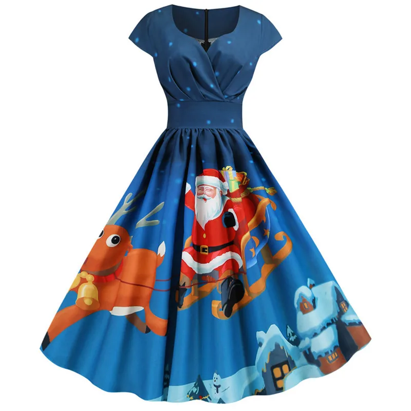 Женское рождественское платье с принтом, несколько стилей, винтажное вечернее платье с коротким рукавом, плиссированное платье на талии, Новое поступление, 5