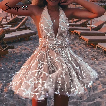 

Simplee Deep v-neck sequined sexy mesh women playsuit elegant Backless lining ladies short jumpsuit High wasit tassel overalls
