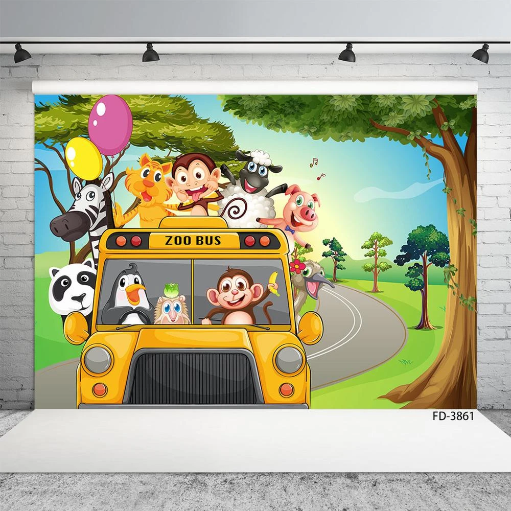 Arriere Plan De Photographie De Fete D Anniversaire Theme Animal Personnalise Pour Fete D Anniversaire Singe Bus Jungle Safari Accessoires De Studio Photo Aliexpress