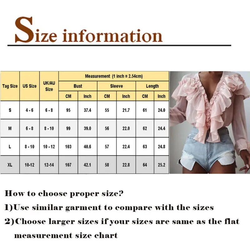 Women Chiffon Solid Color V-Neck Ruffle Trim Blouse Ladies Casual Long Sleeve Top Shirt Loose Female Blusas