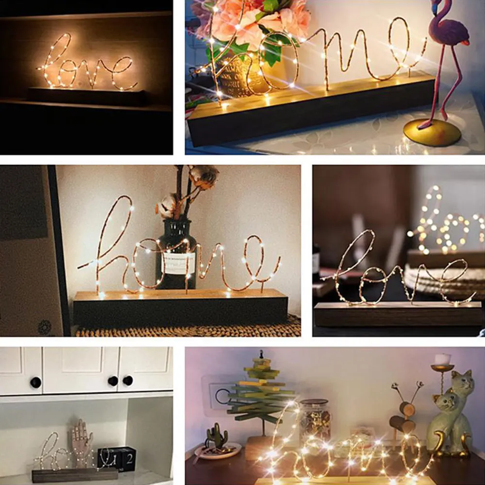 Светодиодный ночник с надписью LOVE & HOME деревянным основанием для украшения дома
