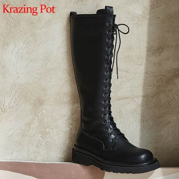 

Krazing Pot cow leather high heels round toe equestrian cross-tied young lady college style sweet lovely thigh high boots l80