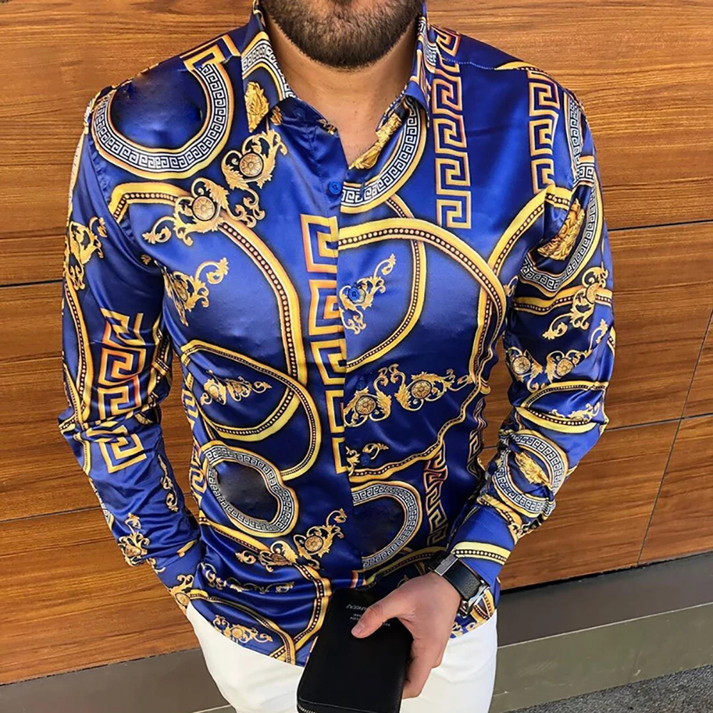 Flowers Colors Gold Chain 3D All Over Printed Hawaiian Casual Button Up Dress Shirts Full Sleeve Beach Streetwear Men Clothing