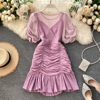 

Women New Fashion Sexy Round Neck Short Puff Sleeve Tops + Sleeveless V-neck Pleated Ruffled Fishtail Dress Two Piece Sets M858
