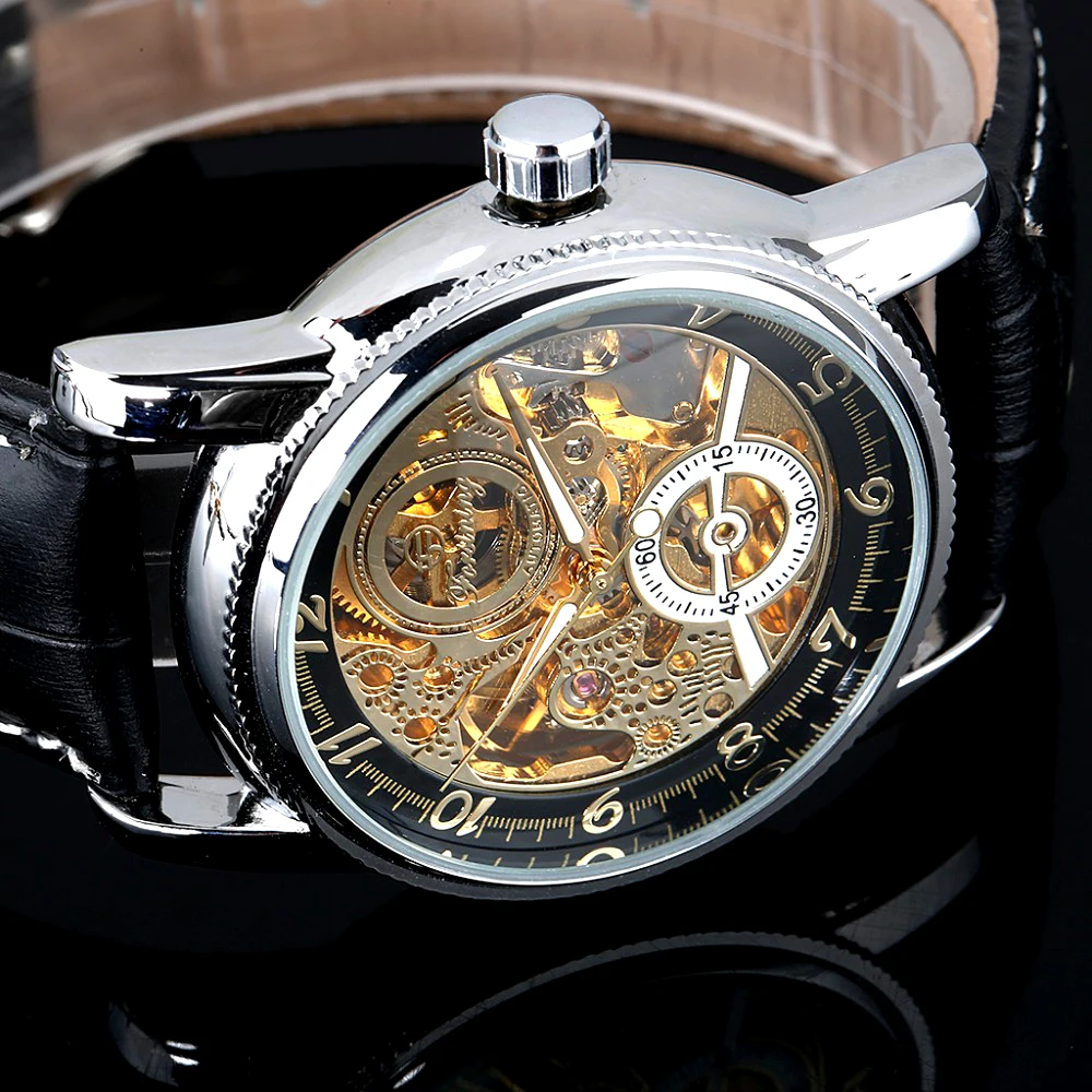 2020 Luxury Design Silver Case Black Leather Strap Automatic Mechanical Mens Watch Waterproof Skeleton Wrist Gift for Men | Наручные часы