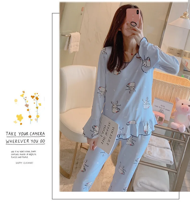 Wontive Autumn Women Long Sleepwear Suit Home Women Gift Female Sleepwear Cartoon female big plus size womens pajamas Sets