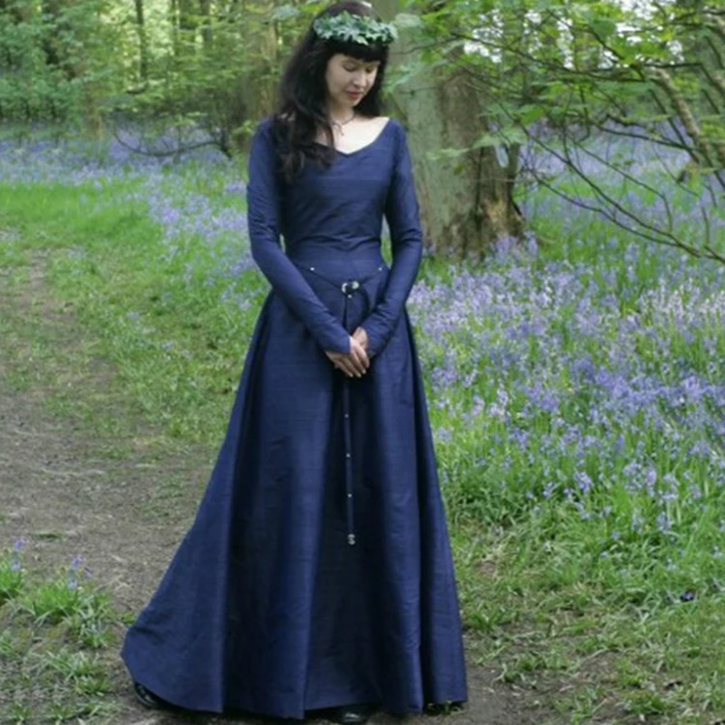 Женское платье Модное Вечернее платье Классическая средневековая Европейская Центральная вечерние с длинным рукавом Круглый вырез тонкое синее женское платье 5XL - Цвет: Синий