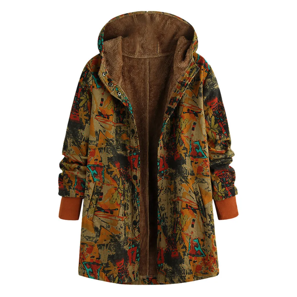 Womail, женские пальто, женская зимняя теплая верхняя одежда, цветочный принт, капюшон, карманы, Ретро стиль, большие размеры, пальто для женщин, S-5XL - Цвет: YE