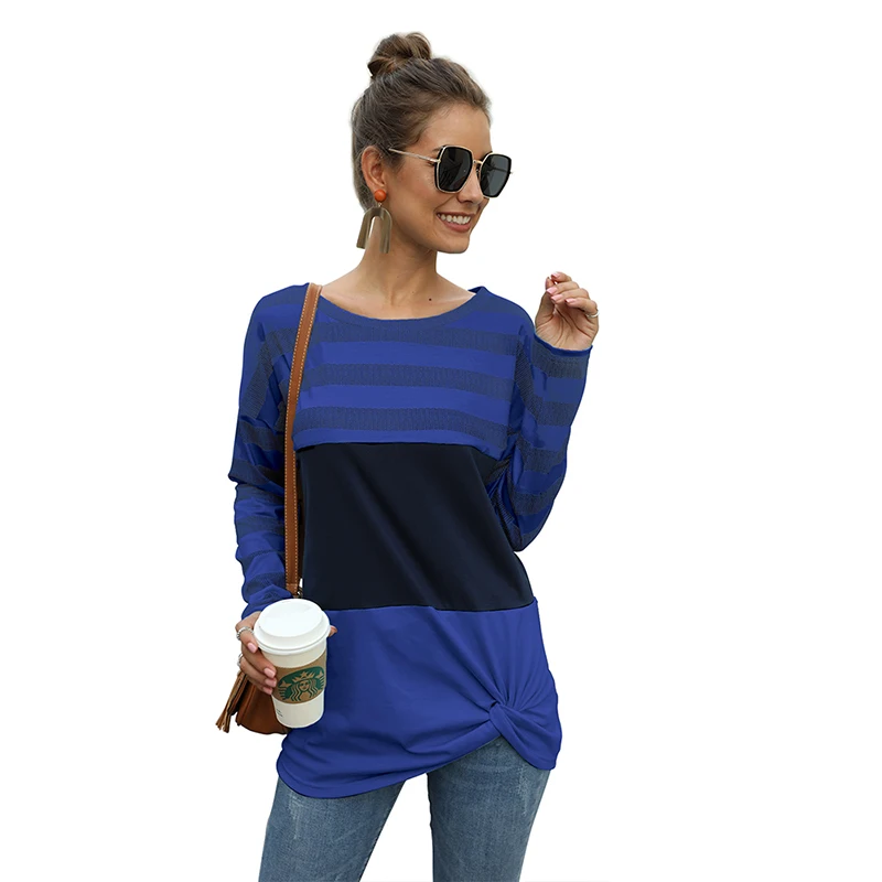CINESSD Женские полосатые повседневные топы, футболки с круглым вырезом и длинными рукавами, Лоскутная Туника, трикотажные эластичные тонкие пуловеры, футболки - Цвет: Royal Blue