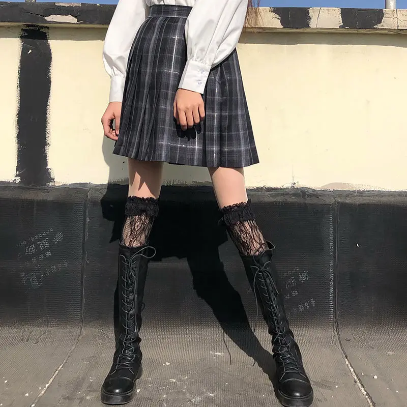 [Smoky Gray] Girls Long/Short Sleeve High Waist Pleated Skirts Plaid Skirts Women Dress For JK School Uniform Students Clothes A