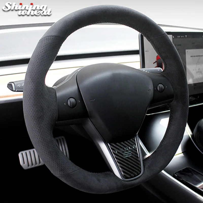 

Black Alcantara Hand-stitched Steering Wheel Cover for Tesla model 3 model Y