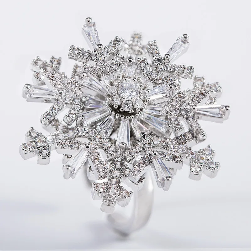 Роскошные блестящие стразы вращающийся кубический циркон кольцо-Снежинка для женщин Открытый регулируемый палец кольцо обручальное кольцо ювелирные изделия