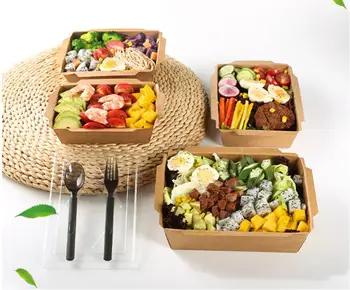 

50pcs Salad box disposable brown paper box salad bento box paper rectangular light meal box sushi takeaway box Free Shipping