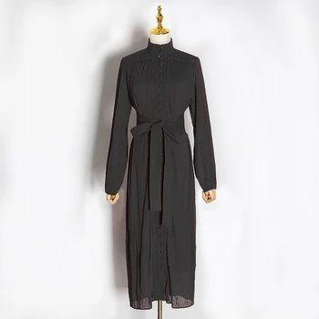 

VGH Vintage Lace Up Bowknot Women's Dress Stand Collar Lantern Sleeve High Waist Casual Midi Dresses Female 2020 Fashion Clothes