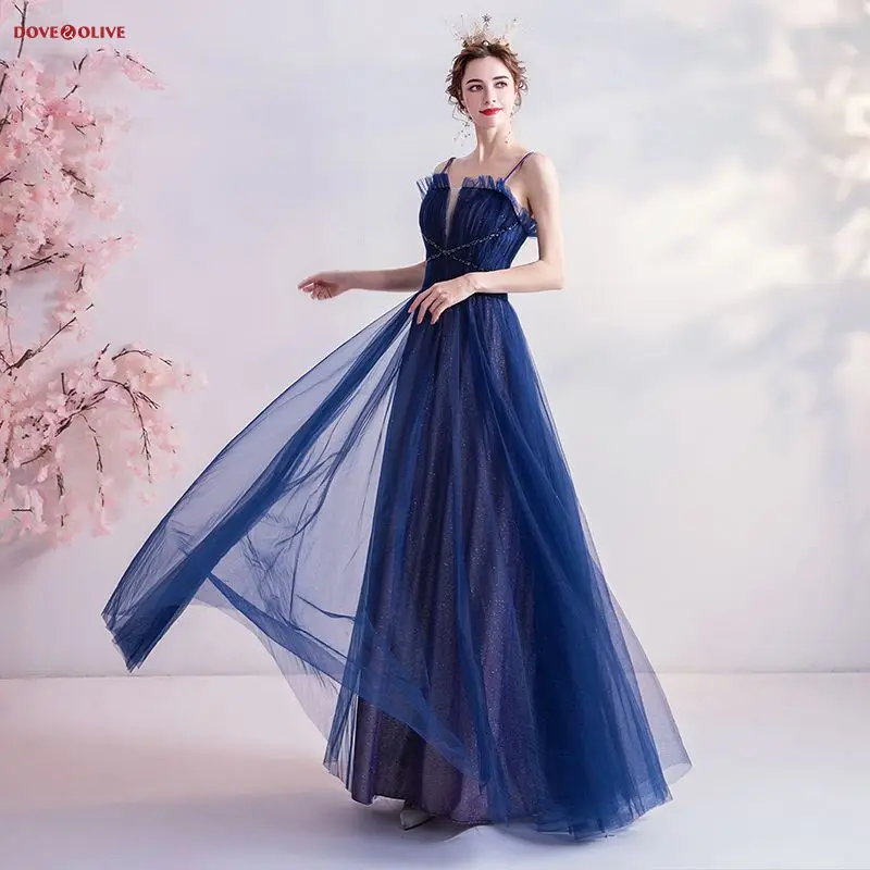 

100% Real Blue Evening Dresses 2020 Tulle Sequined Pleats Long Spaghetti Strap A Line Sleeveless Sweetheart Prom Gown Formal