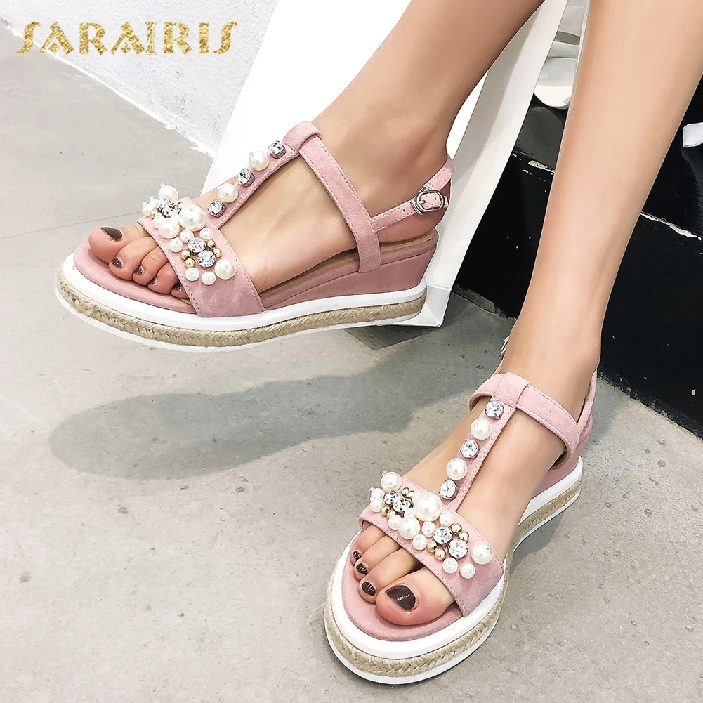 

Sarairis New Fashion 2020 Basic Cow Leather Wedge Heels Summer Sandals Woman Shoes Buckle Strap Metal Decoration Shoes Women