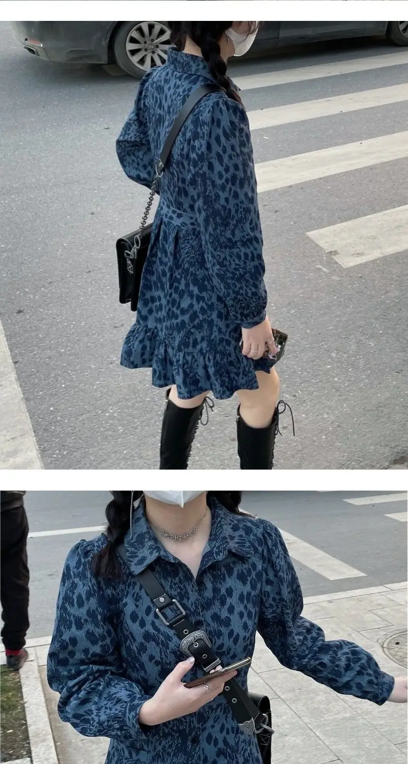 Puff Sleeve Dresses Women Turn-down Collar Leopard Patchwork Mini Autumn Female A-line Cozy All-match Stylish New French Style dress shops