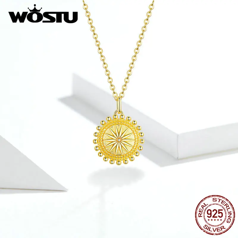 WOSTU 925 пробы, серебряные ожерелья, защищающие солнце, Круглый Кулон, золотой цвет, звено цепи для женщин, Винтажные Ювелирные изделия, подарок CQN353