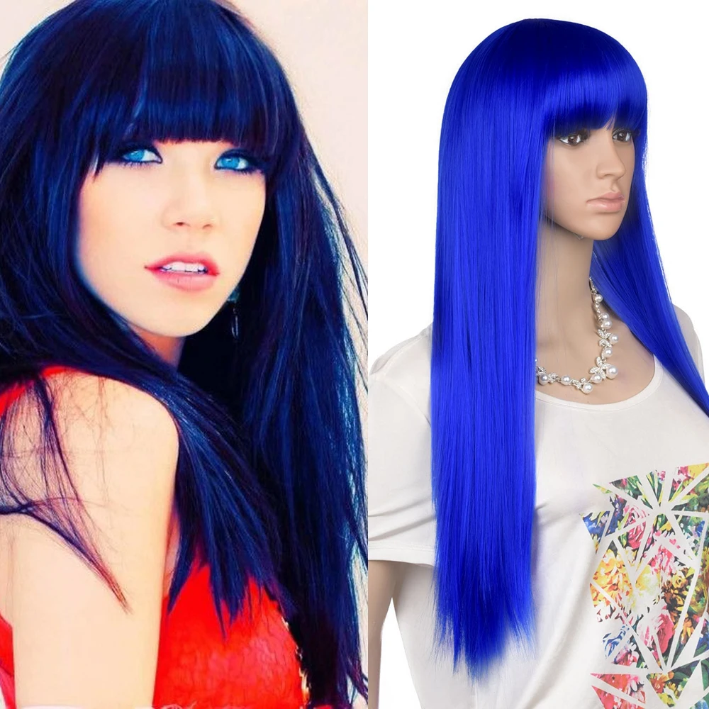 

YunRong 26'' Blue Synthetic Hair Wig With Bangs For Women High Temperature Fiber Long Wavy Hair Wigs Natural Hairline