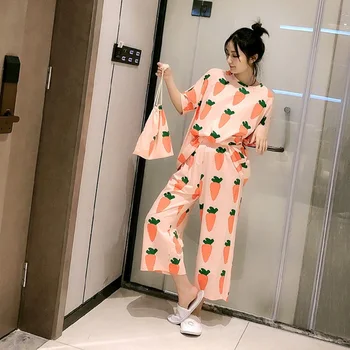 

Summer And Spring Cropped Sleeve Trousers Pajamas Cute Cartoon Sweet Home Service Pijama Pyjama Cartoon 2PCS Underwear Cloth Bag