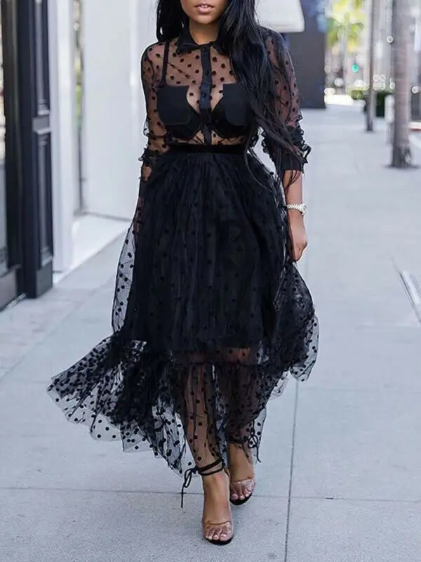 Женское Сетчатое платье в горошек, прозрачное элегантное платье макси, рубашки с длинным рукавом, черные вечерние платья, стильные английские платья