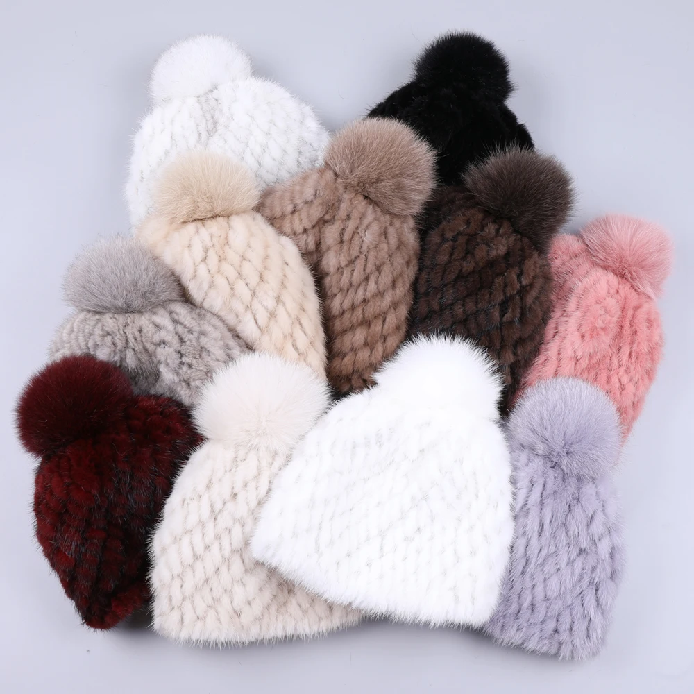 

100% real mink fur hat women winter knitted beanies Russian Girls cap with fox fur pom poms thick female cap Elastic