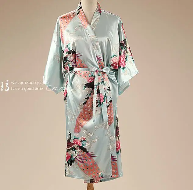 Owiter плюс Размеры S-XXXL для свадьбы, невесты, подружки невесты Robe шелковый атлас Пижама-халат для Для женщин кимоно с цветочным принтом пикантные Для женщин одежда для сна - Цвет: light blue