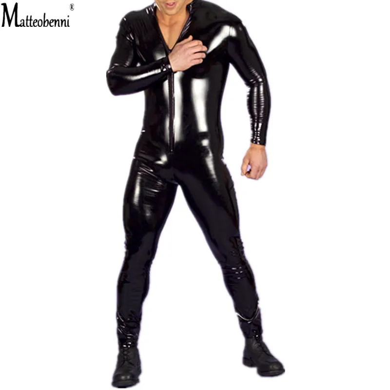 Men Bodysuit Jumpsuit Faux Leather Front Zipper Crotch Lingerie Gay Fetish Costumes Erotic
