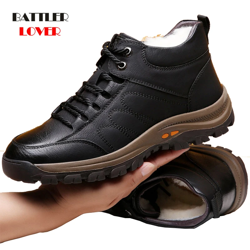Men Leather Boots Real Wool Fur Thick Composite Sole Winter Warm Shoes Cowhide Leather Designer Outdoors Ankle Botas for Male