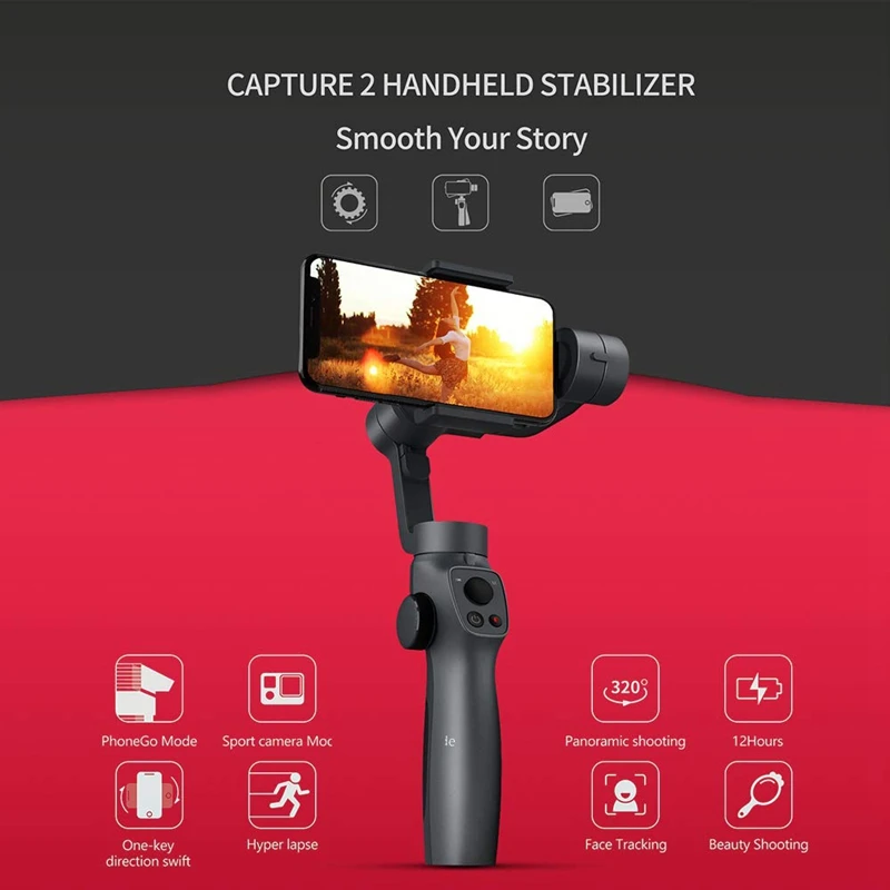 Capture 2 3-Axis Handheld Gimbal Stabilizer for Gopro 4 5 6 7 Action Camera Ios Andriod Smartphone