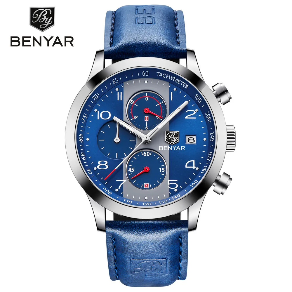 

Benyar Jacobin By-5133m MEN'S Quartz Watch Leather Watch Strap Three Small Disc Hands Business Watch
