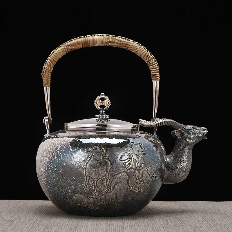 

Sheep head kettle sterling silver hand-engraved kettle kettle mirror hammer pattern old household tea silver kettle