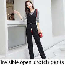 

Open-Seat Pants Suspender Pants for Women 2021 Spring and Autumn New Korean Style High Waist Loose Invisible Zipper Pants