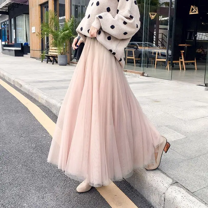 Корейская мода весна лето женская юбка универсальная Повседневная трапециевидная Студенческая длинная юбка Милая бархатная газовая макси юбка D179 - Цвет: Beige