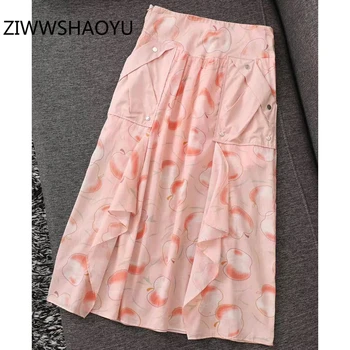 

ZIWWSHAOYU Women Summer High Street Skirt Fashion Designer Ladies Elegant Ruffles Apple print Pockets Fashion Midi Skirts