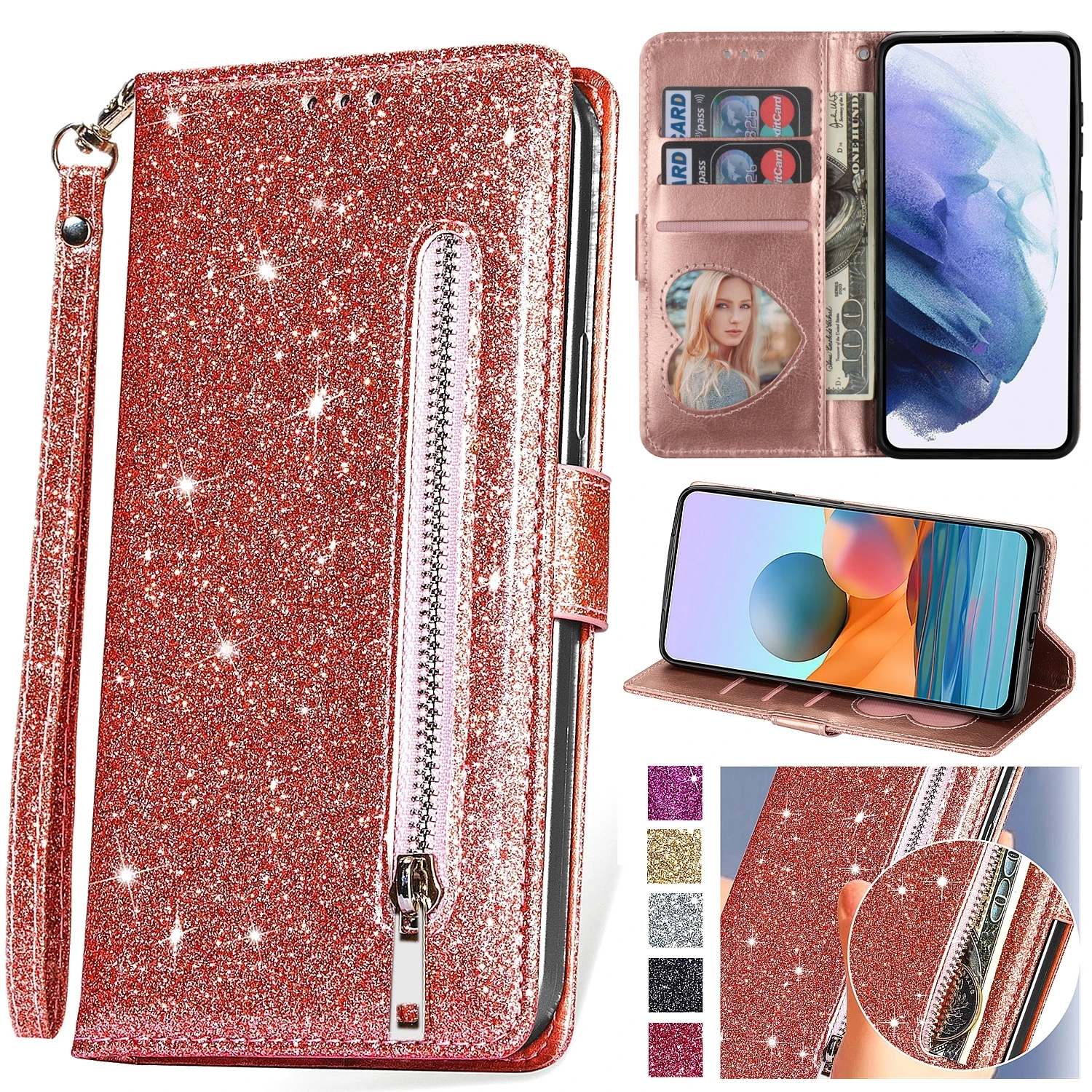 Elegant Glitter Leather Zipper Flip Wallet Phone Case│ Leather Cover with Built-In Card Holder
