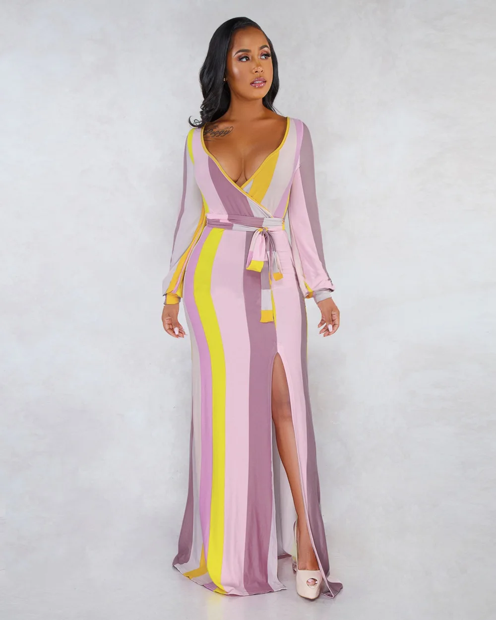 

OEAK 2019 Long Dresses Women Fashion Casual Long Sleeve Autumn Sexy Office Stripe Print Female Dress