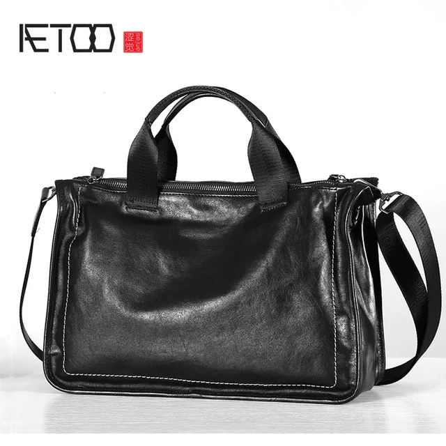 AETOO Original leather mens bag portable briefcase casual top layer leather cross section shoulder bag Messenger bag soft leath